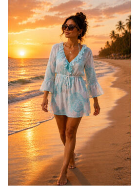 Mud Pie Sea‎ Turtle Cover Up Dress Large Aqua White Beach Tunic